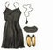 Cocktail dress outfit, night out look on white background. Little black dress, evening bag, black shoes, black tassel necklace. Fl