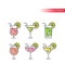 Cocktail glasses colorful vector icons set. Martini, mojito, margarita cocktails