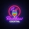 Cocktail logo in neon style. Rainbow Cocktail. Neon sign, Design template for drinks, alcoholic beverages. Light banner