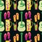 Cocktail pitcher, glass, flip flop, guitar vector seamless pattern background. Tropical backdrop with jugs, drinks