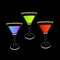 Cocktail set in martini glass. Party card. Glowing drink. Gold sparkles glitter Black background.