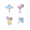 Cocktail umbrella flat line icons. Cold summer drinks illustrations, tequila sunrise, cosmopolitan alcohol beverage
