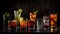 Cocktails assortment served on dark background, Copy space, panorama
