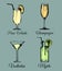 Cocktails and glasses. Hand sketched color alcoholic beverages. Vector set of drinks illustrations,Vodkatini,Mojito etc.