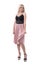 Cocky young classy woman beauty in pink skirt lifting skirt smiling and looking away