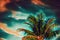 Coco palm tree on sunset sky digital illustration. Green red tropical vacation banner template with text place.