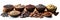 Cocoa beans, chocolate mass, cocoa powder, chocolate bars isolated on white background. Chocolate ingredients in wooden bowls.