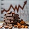 cocoa beans, delicious pieces of chocolate bars, grains against the background of a stock chart showing rising prices.