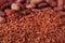 Cocoa beans and grated chocolate background, shallow dof