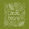 Cocoa beans. Hand drawn Vector illustration, handwriting, lettering. Cocoa pod, fruit and grains