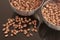 Cocoa coated puffed rice in metal bowls