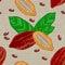 Cocoa fruits and leaves. Whole fruit, cut, cocoa beans. Chocolate. Grunge texture. Textile background. Seamless Pattern