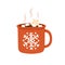 Cocoa with marshmallow in cup. Winter drink, hot chocolate in Christmas mug. Warm sweet Xmas cacao, choco beverage with