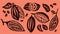 Cocoa pod and many raw beans set isolated on orange background. Logo template. Vector illustration