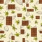 Cocoa pods and flowers with chocolate tablet seamless pattern background.