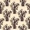 Cocoa tree silhouettes on distressed canvas seamless pattern background.