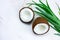 Coconut and aloe vera green leaves onmarble table, natural cosmetics ingredients