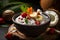 Coconut bowl with various fruits natural yoghurt