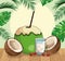 Coconut and coconuts slices and cocktail over tropical leaves and retro style background