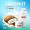 Coconut cosmetic. Realistic organic skin care beauty products advertising banner design. Moisturizing cream or lotion in