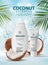 Coconut cosmetics, shampoo and cream packaging