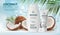 Coconut cosmetics, shampoo and cream, water splash