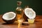 Coconut delight Table adorned with a slice and oil bottle