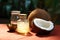 Coconut delight Table adorned with a slice and oil bottle