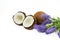 Coconut exotic fruit whole and half with lavander flower