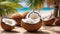 Coconut exotic nourishment on horizontal blur background. Open coco nut on premium resort