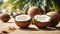 Coconut exotic nourishment on horizontal blur background. Open coco nut on premium resort