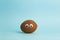 Coconut with eyes on a blue pastel background. Funny food and minimal concept