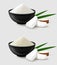 Coconut flour or powder in a black bowl with coco pieces and palm leaves. Side view