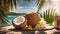 Coconut, flowers sand stylish tourism of the sea, tropical leaves beach nature vacation