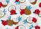 Coconut fruits seamless pattern whole and piece with blue leaves on gray background. Summer background.