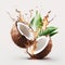 Coconut halves and coconut leaves in a splash of water. Generative AI