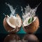 Coconut halves and coconut leaves in a splash of water. Generative AI