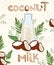 Coconut healthful organic, lactose-free milk in bottle glass. Milk for vegetarians. Non dairy, plant based beverages