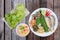 Coconut milk and fermented soy bean sauce served with side dish.