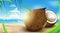 Coconut milk with package design with beach and bokeh background