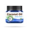 Coconut oil in realistic blue jar. Vector packaging design template and emblem - beauty, medical and cosmetic oil. Mock