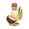 Coconut Organic Oil Bottle with Bottle Cap and Jojoba Branch Next to It Vector Illustration