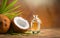 Coconut palm oil in a bottle with coconuts and green palm tree leaf on brown background. Coco nut closeup. Healthy Food, skin care
