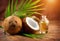 Coconut palm oil in a bottle with coconuts and green palm tree leaf on brown background. Coco nut closeup. Healthy Food, skin care