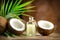 Coconut palm oil in a bottle with coconuts and green palm tree leaf on brown background. Coco nut closeup. Healthy food, skincare