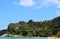 Coconut palms on the beaches of asia in phuket in thailand, against the backdrop of mountains and blue sky