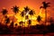 Coconut palms on sand beach in tropic on sunset