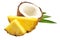 Coconut with pineapple slices and green leaves on white background