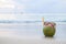 Coconut refreshment exotic juice with straw on the beach