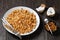 Coconut Rice with raisins on a plate, top view